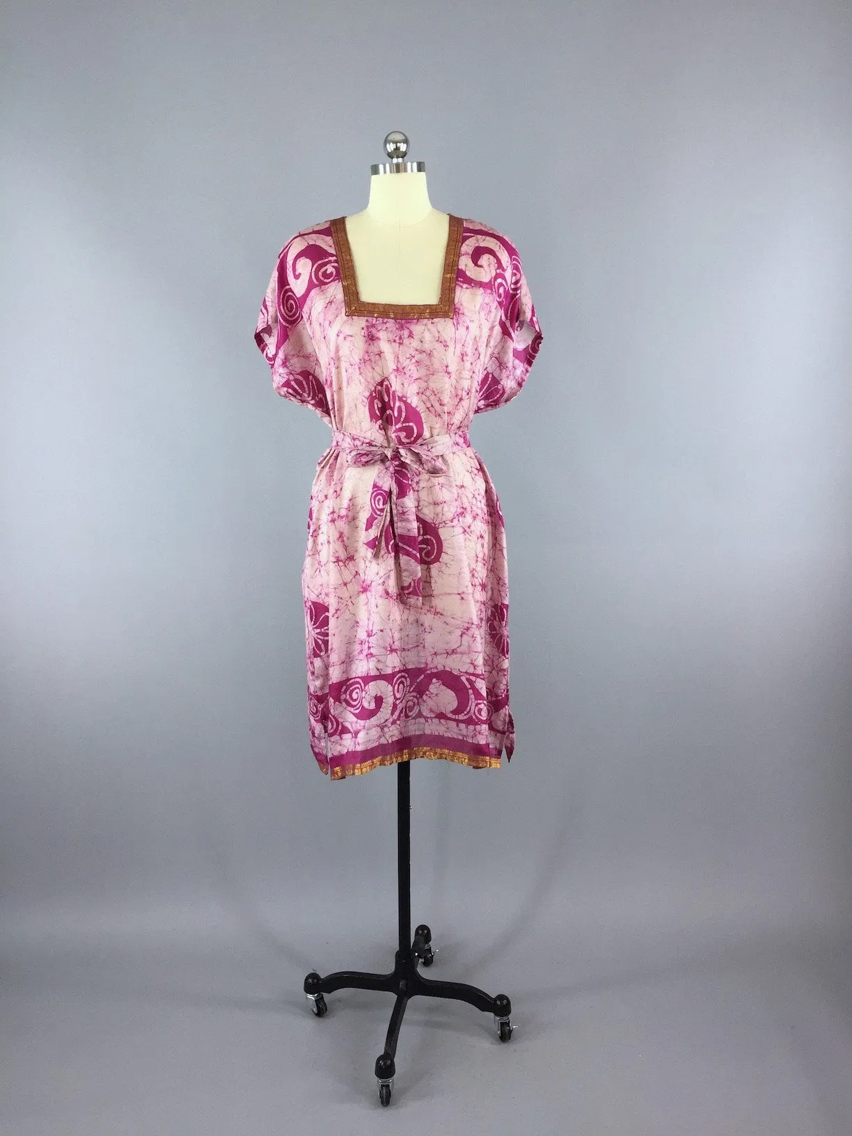 Silk Kaftan Dress / Vintage Indian Sari / Pink Batik Tie Dye