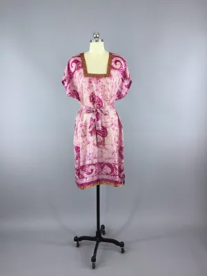 Silk Kaftan Dress / Vintage Indian Sari / Pink Batik Tie Dye