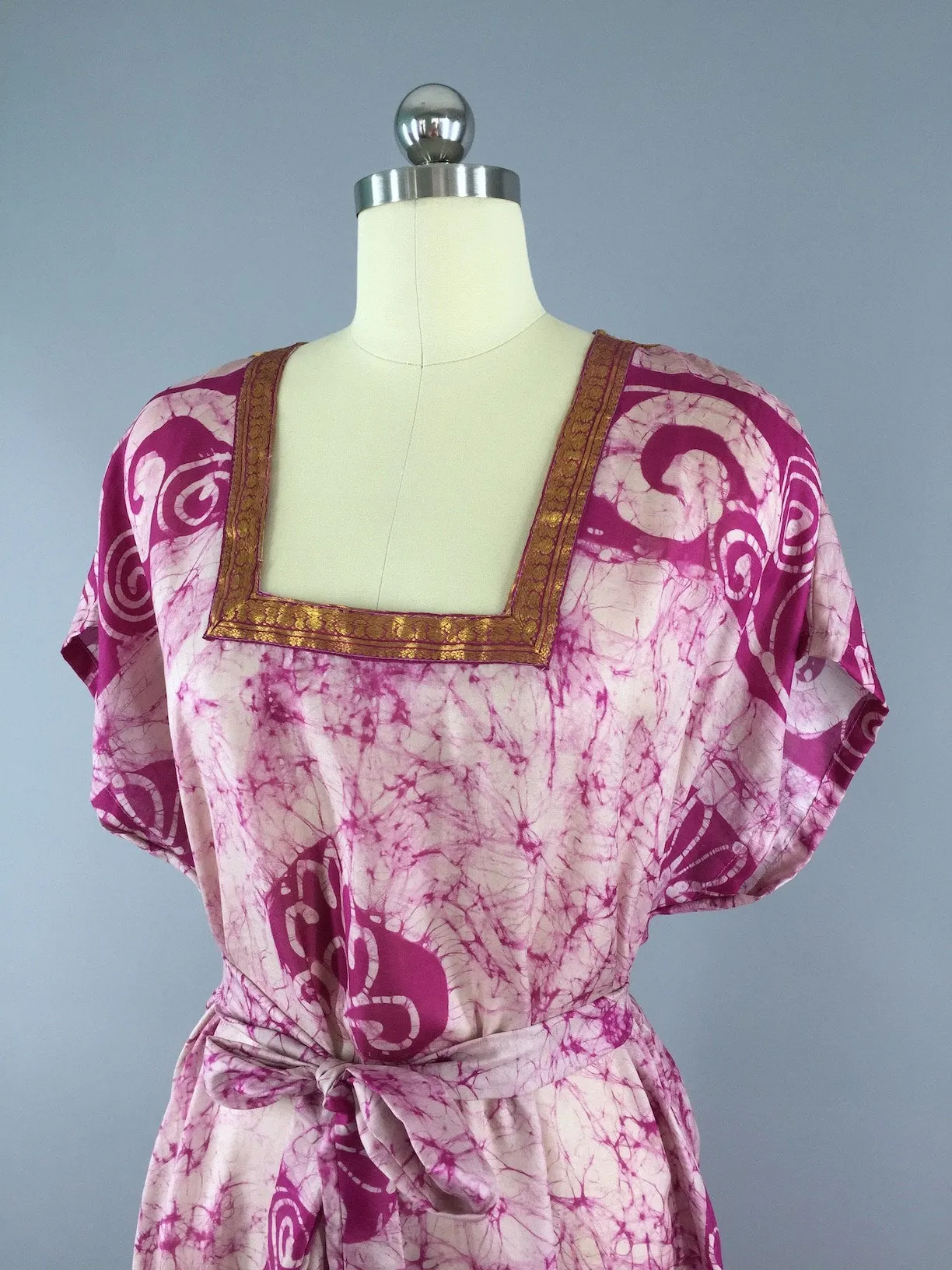 Silk Kaftan Dress / Vintage Indian Sari / Pink Batik Tie Dye