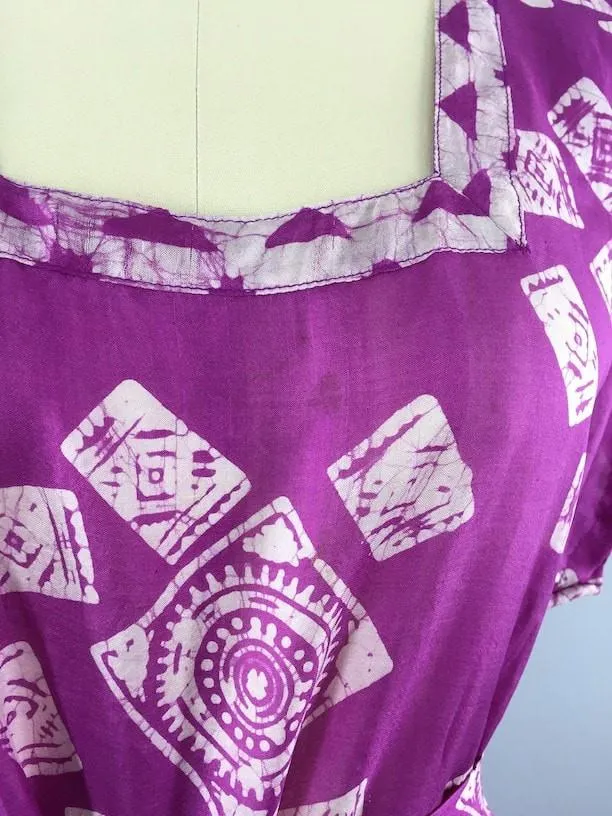 Silk Sari Kaftan Dress / Magenta Batik