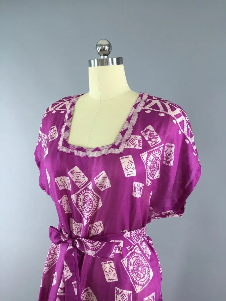 Silk Sari Kaftan Dress / Magenta Batik