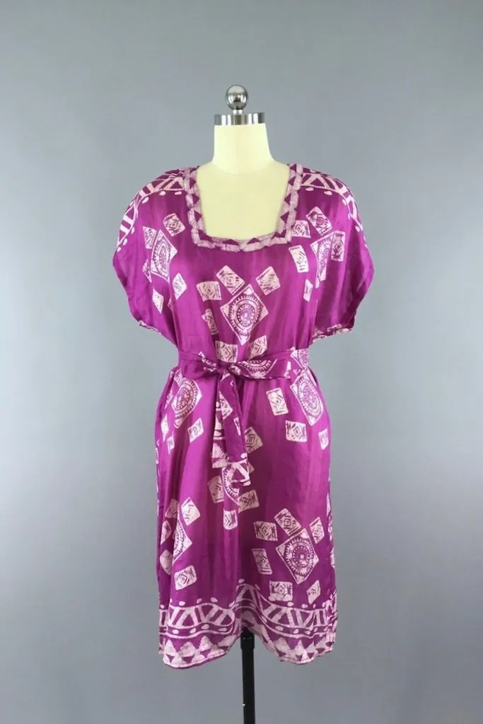 Silk Sari Kaftan Dress / Magenta Batik