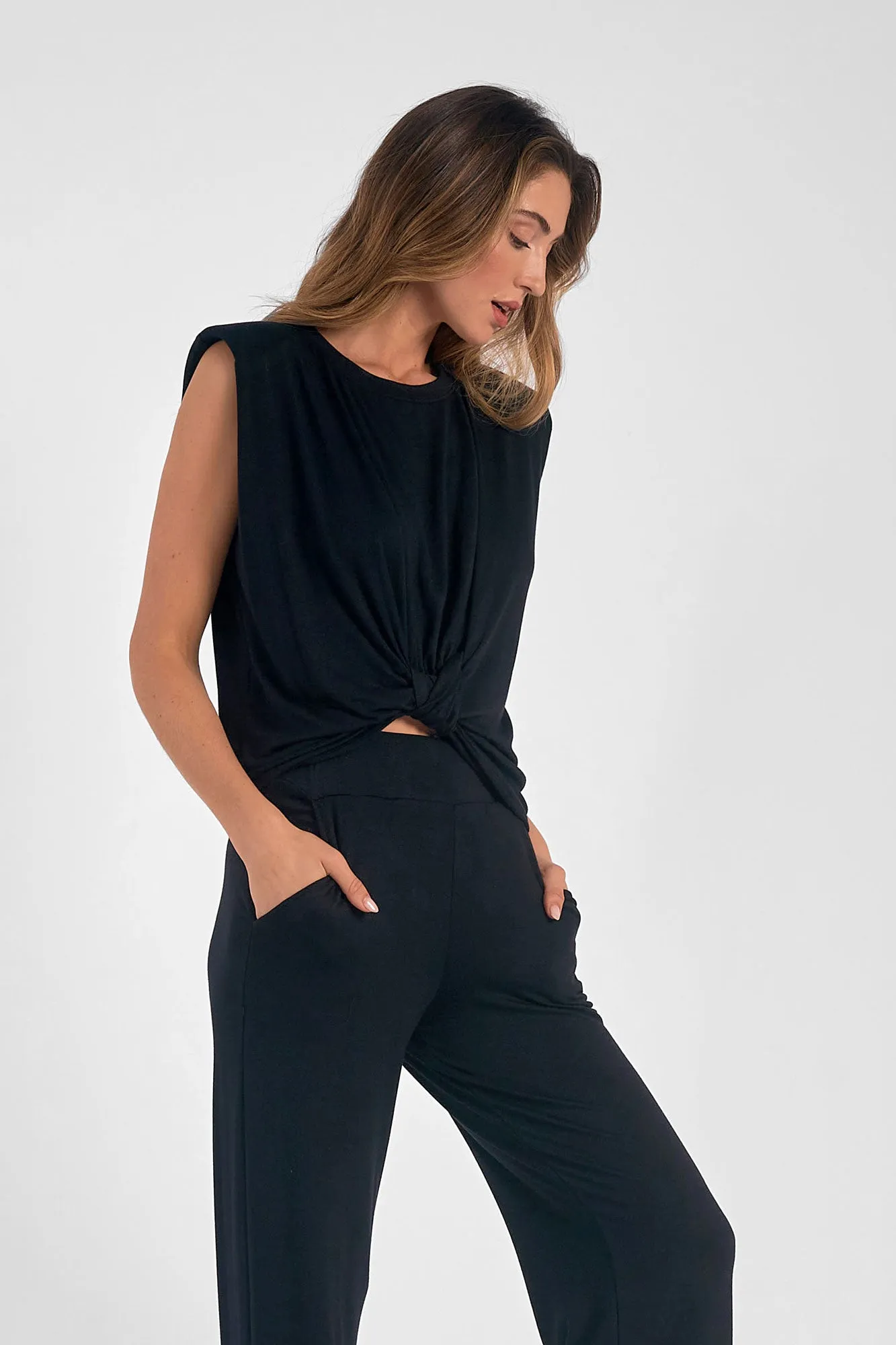 Sleeveless Crew Neck Twist Front Top