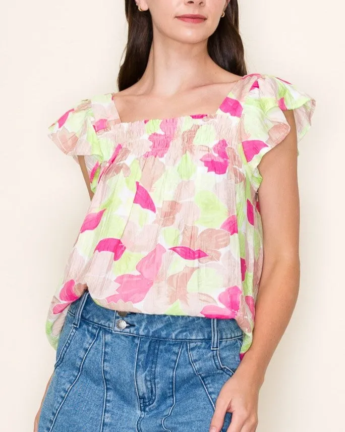 Smocked Chest Short Sleeve Floral Top - Pink/Taupe