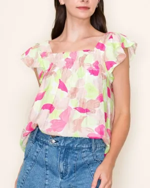 Smocked Chest Short Sleeve Floral Top - Pink/Taupe