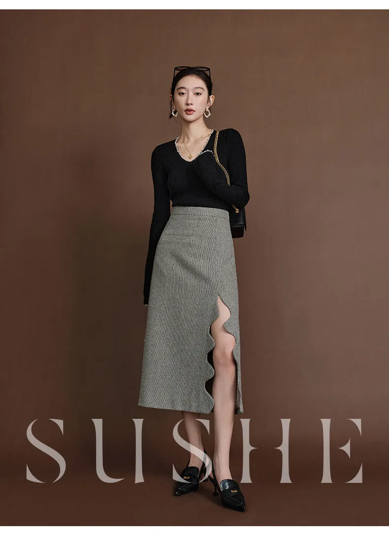 SUSHE Heavy Elegant Wave Slit Spring Skirt -  monet vision