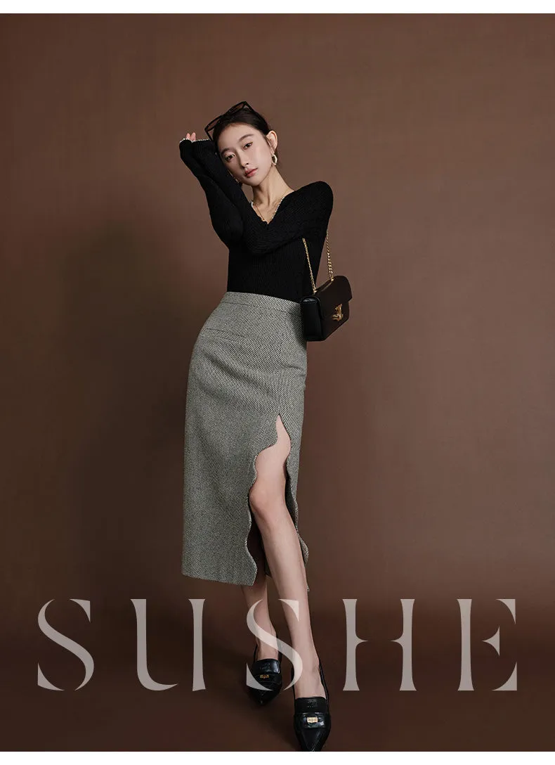 SUSHE Heavy Elegant Wave Slit Spring Skirt -  monet vision