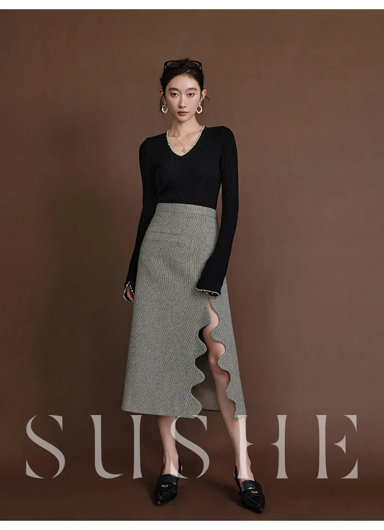 SUSHE Heavy Elegant Wave Slit Spring Skirt -  monet vision