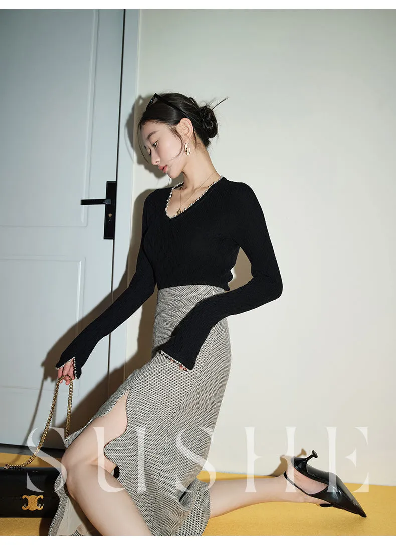 SUSHE Heavy Elegant Wave Slit Spring Skirt -  monet vision