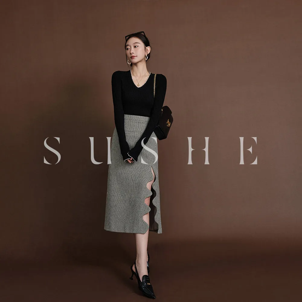 SUSHE Heavy Elegant Wave Slit Spring Skirt -  monet vision