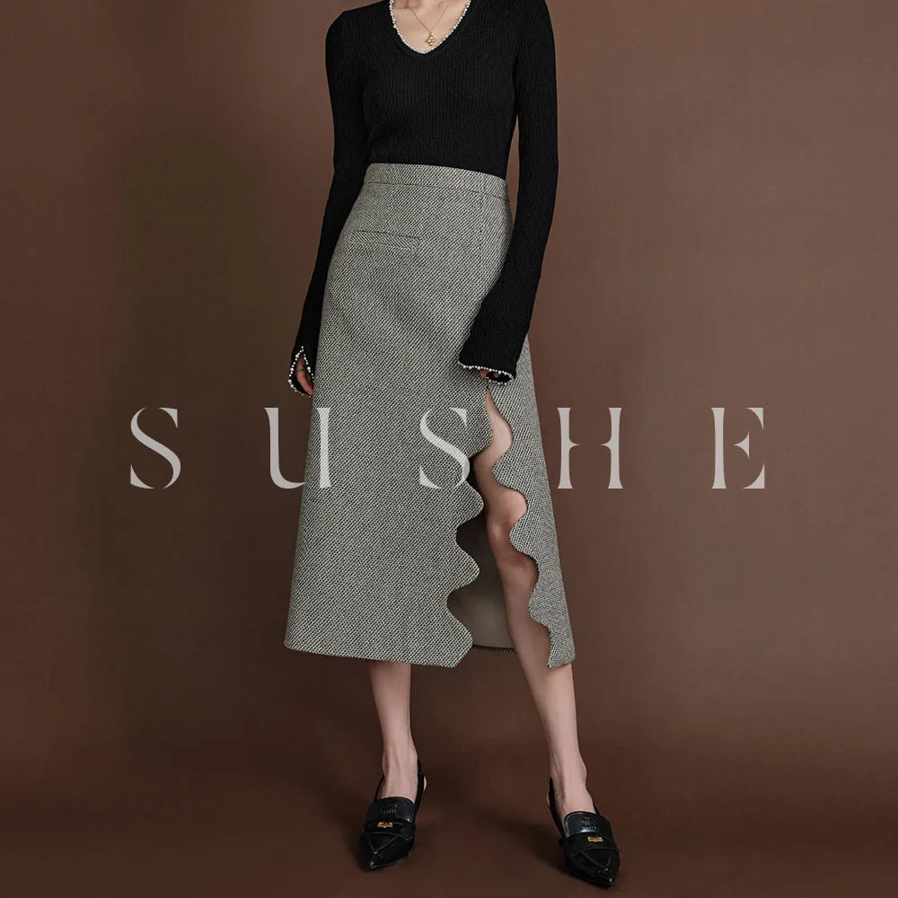 SUSHE Heavy Elegant Wave Slit Spring Skirt -  monet vision