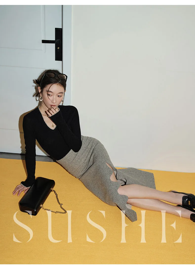 SUSHE Heavy Elegant Wave Slit Spring Skirt -  monet vision