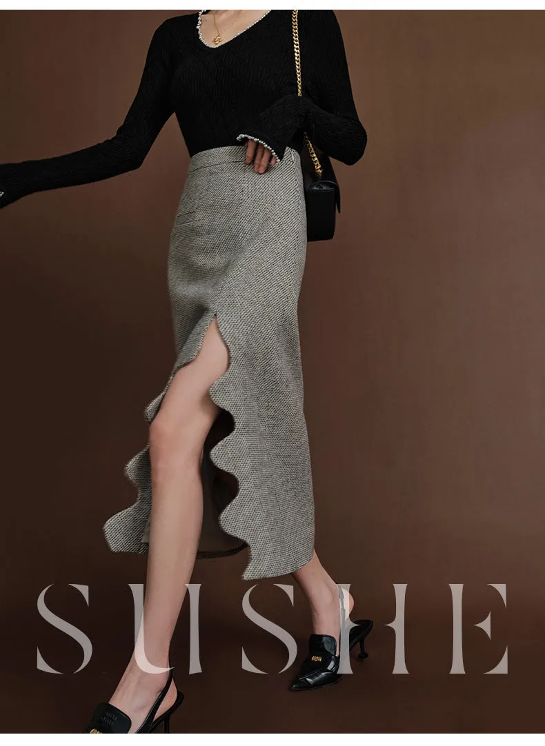 SUSHE Heavy Elegant Wave Slit Spring Skirt -  monet vision