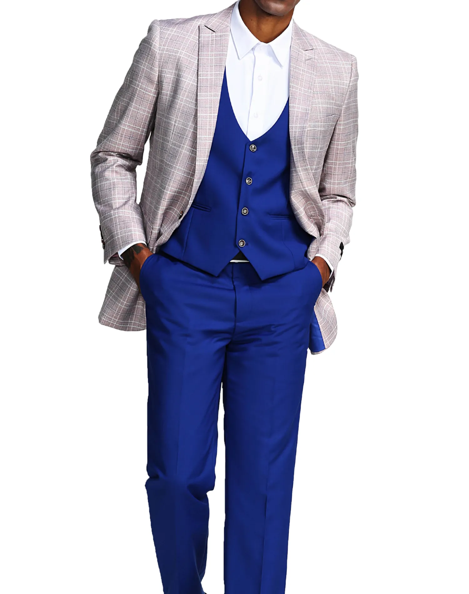 Tazzio Plaid Slim Fit Vested Suit - Blue