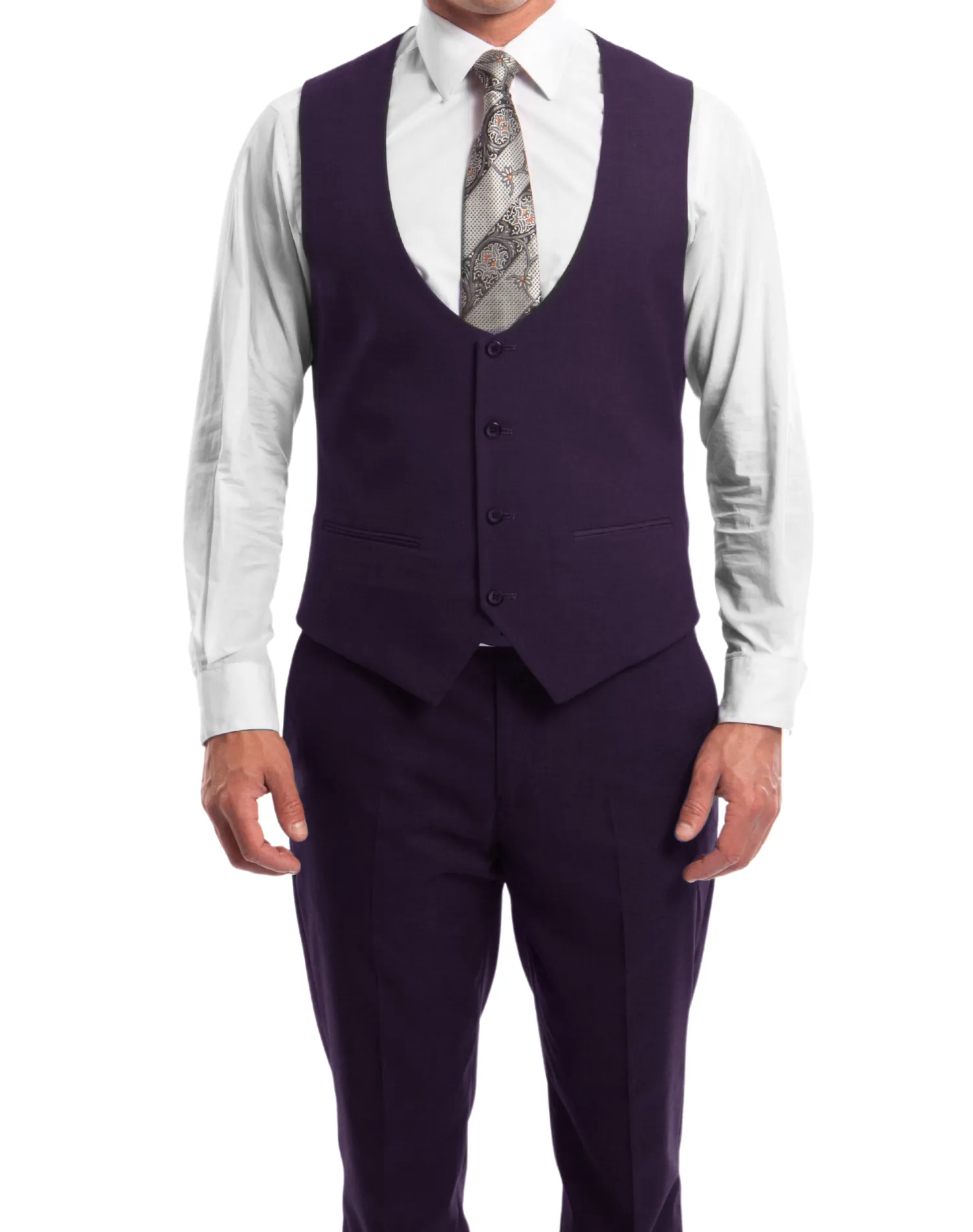 Tazzio Solid Ultra Slim Fit Vested Suit - Eggplant Purple