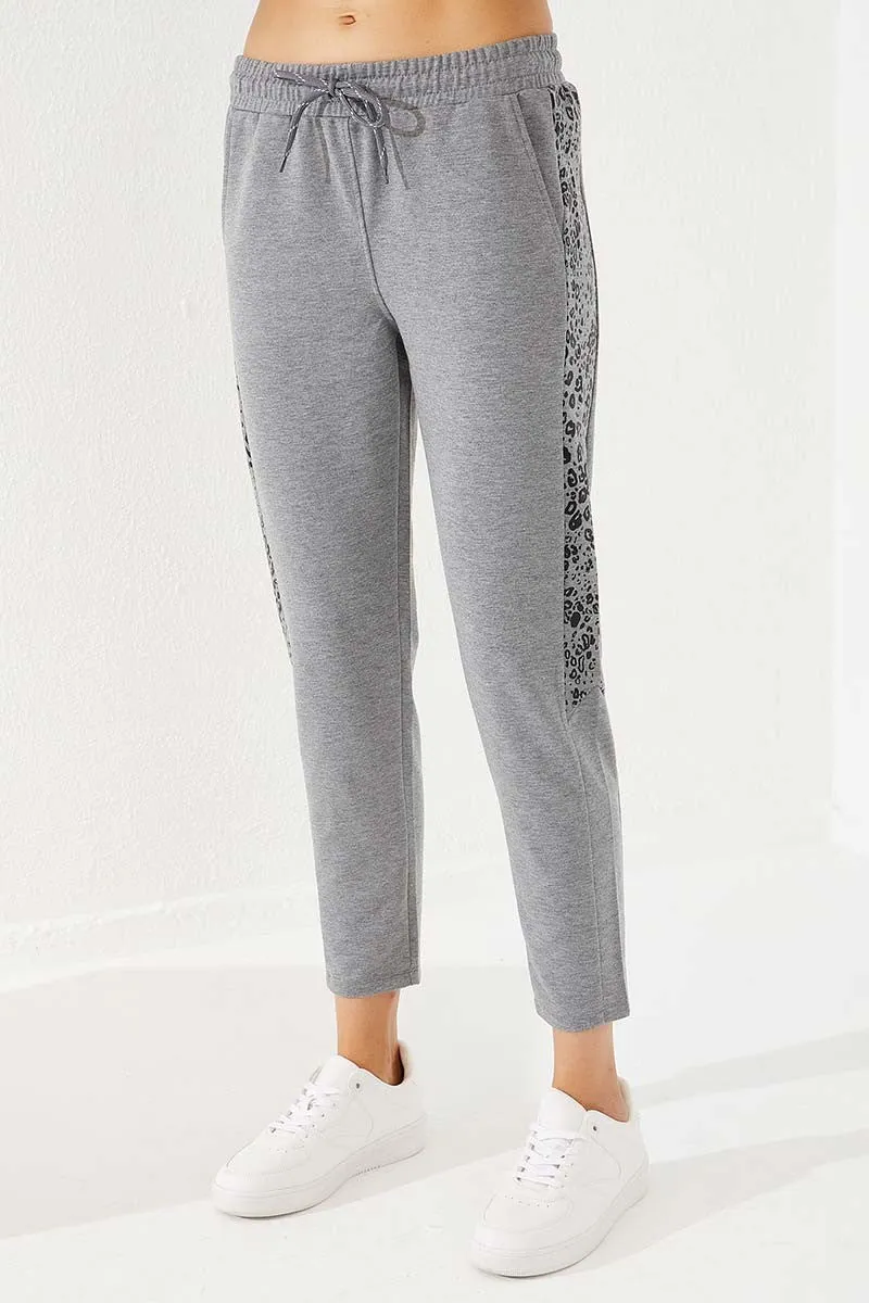 TMY Gray Melange Side Leopard Pattern Comfortable Fit Slim Leg Women's Sweatpants - 94572 - Laval