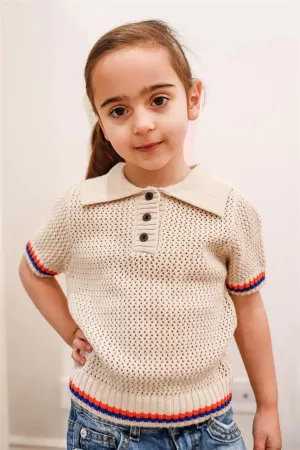 Toddler Girls Ecru Crochet Stripe Details Polo Top /1-3-2
