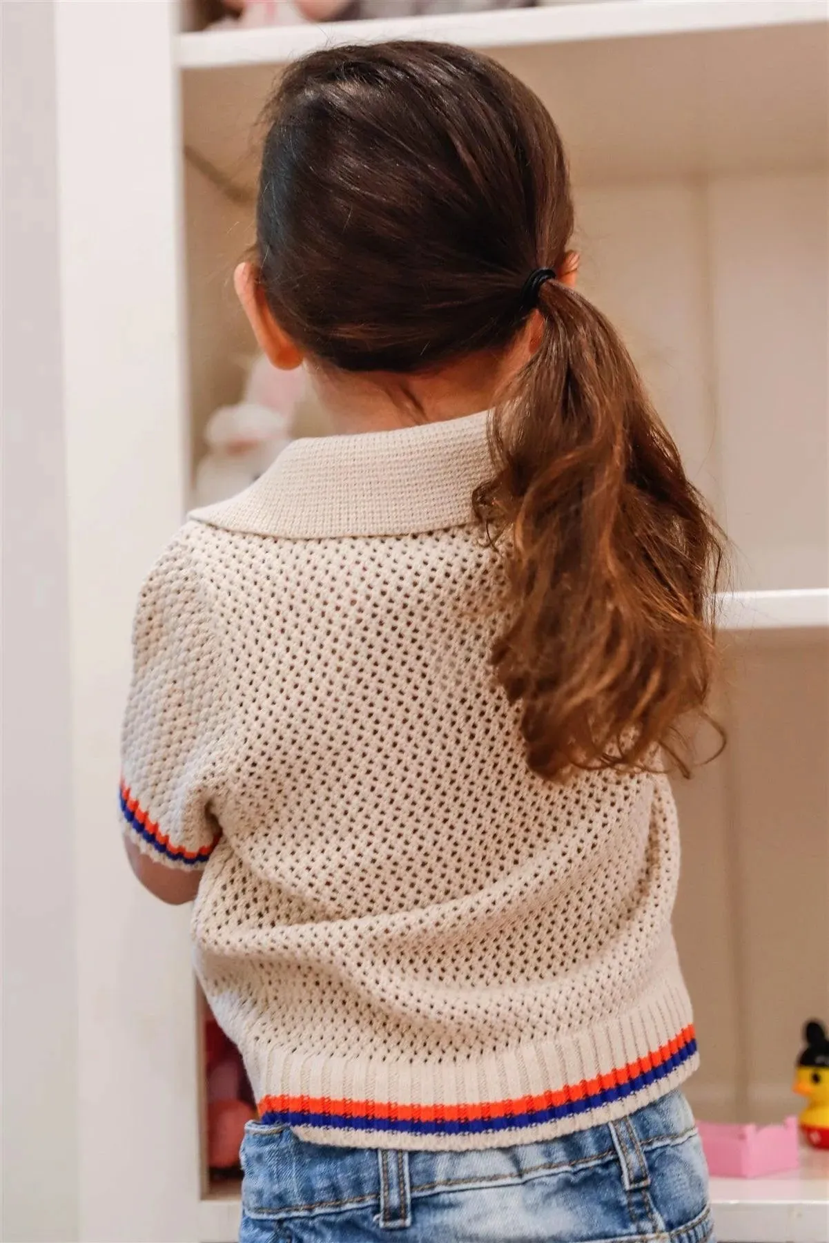 Toddler Girls Ecru Crochet Stripe Details Polo Top /1-3-2