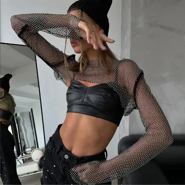 Trendy Rhinestone Hollowed Out Crop Top