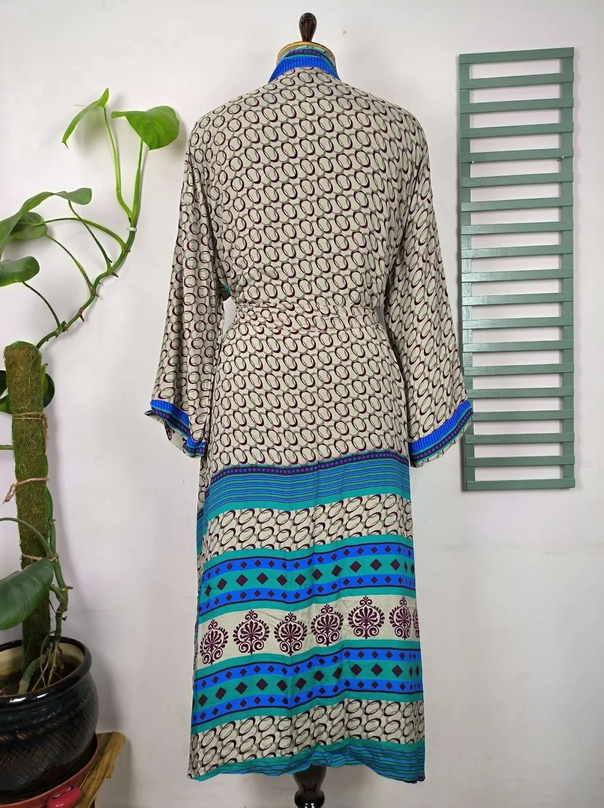 Upcycle Boho Chic Coverup Recycle Silk Sari Kimono Gorgeous Wardrobe Vintage Elegance House Robe | Duster Cardigan | Blue Hues Geometric
