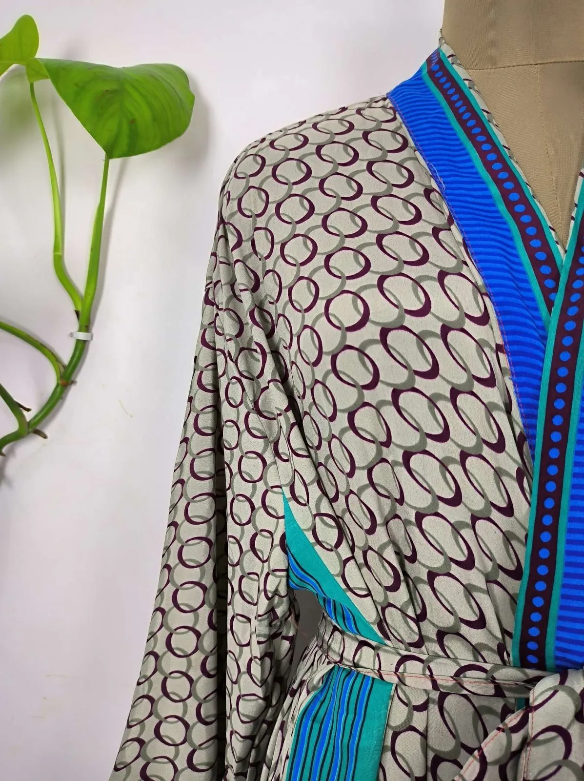 Upcycle Boho Chic Coverup Recycle Silk Sari Kimono Gorgeous Wardrobe Vintage Elegance House Robe | Duster Cardigan | Blue Hues Geometric