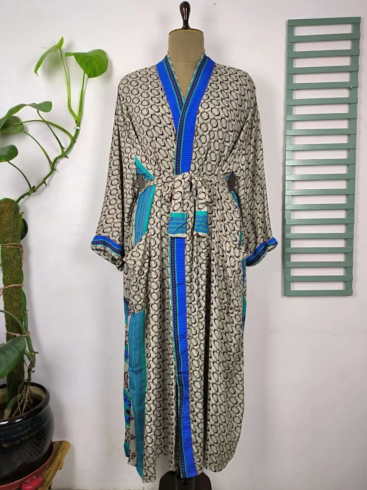 Upcycle Boho Chic Coverup Recycle Silk Sari Kimono Gorgeous Wardrobe Vintage Elegance House Robe | Duster Cardigan | Blue Hues Geometric