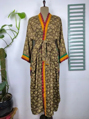 Upcycle Boho Chic Coverup Recycle Silk Sari Kimono Gorgeous Wardrobe Vintage Elegance House Robe | Duster Cardigan | Brown Beige Motifs