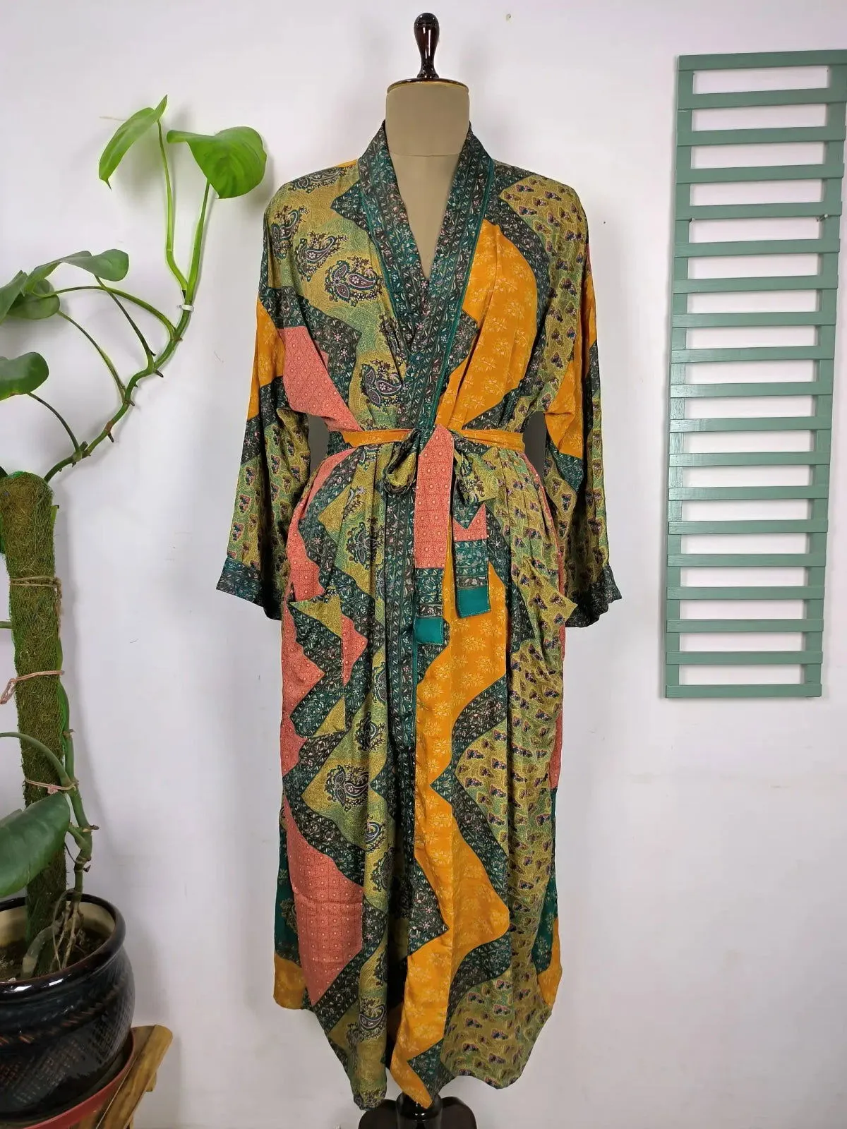 Upcycle Boho Chic Coverup Recycle Silk Sari Kimono Gorgeous Wardrobe Vintage Elegance House Robe | Duster Cardigan Green Paisley Floral