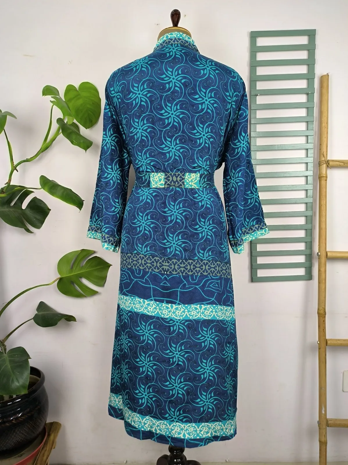 Upcycle Sustainable Boho Chic Coverup Recycle Silk Sari Kimono Gorgeous Wardrobe Vintage Elegance House Robe | Duster Cardigan | Blue Hues Floral
