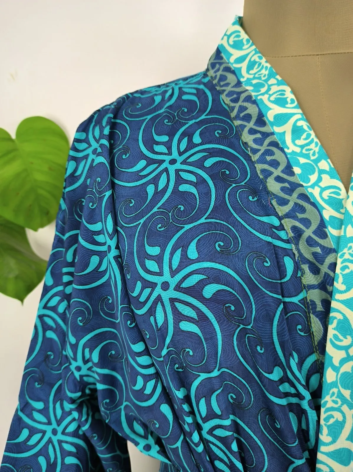 Upcycle Sustainable Boho Chic Coverup Recycle Silk Sari Kimono Gorgeous Wardrobe Vintage Elegance House Robe | Duster Cardigan | Blue Hues Floral