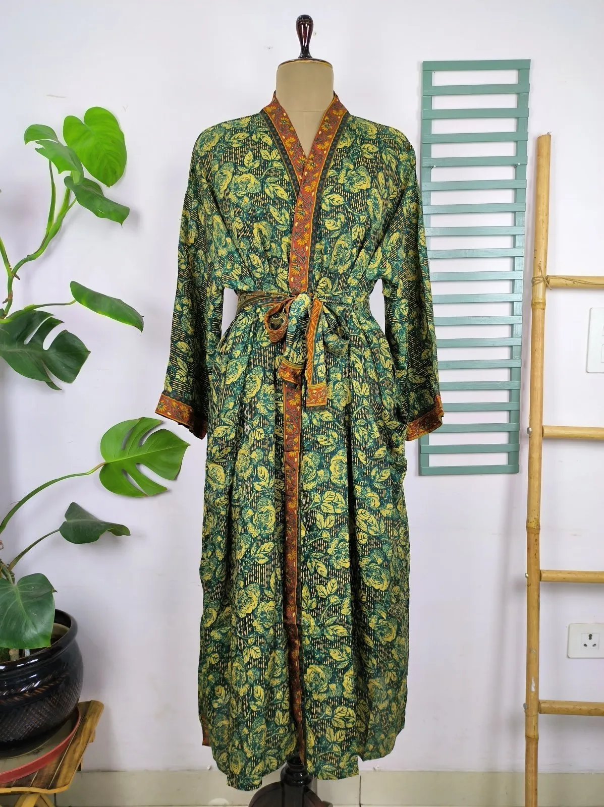 Upcycle Sustainable Boho Chic Coverup Recycle Silk Sari Kimono Gorgeous Wardrobe Vintage Elegance House Robe | Duster Cardigan | Forest Green Leaves