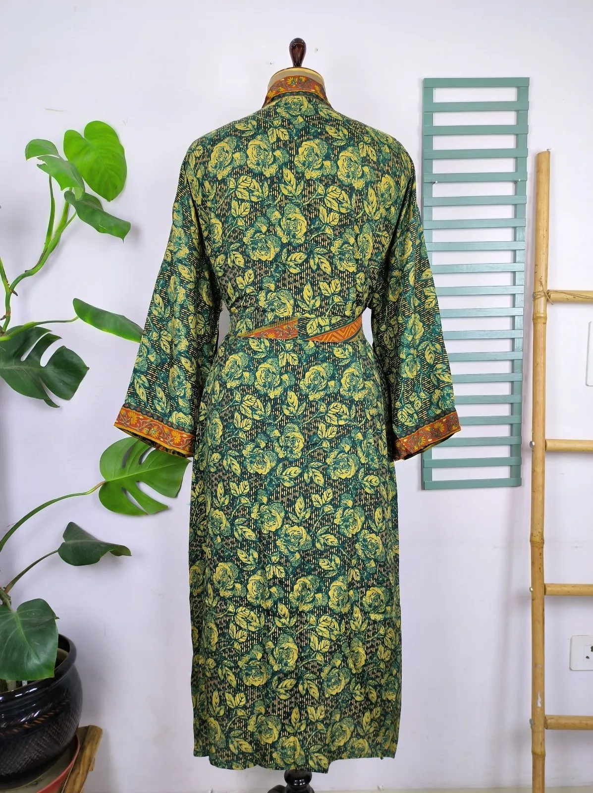 Upcycle Sustainable Boho Chic Coverup Recycle Silk Sari Kimono Gorgeous Wardrobe Vintage Elegance House Robe | Duster Cardigan | Forest Green Leaves