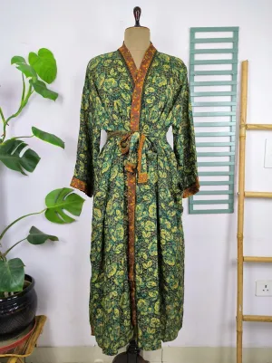 Upcycle Sustainable Boho Chic Coverup Recycle Silk Sari Kimono Gorgeous Wardrobe Vintage Elegance House Robe | Duster Cardigan | Forest Green Leaves