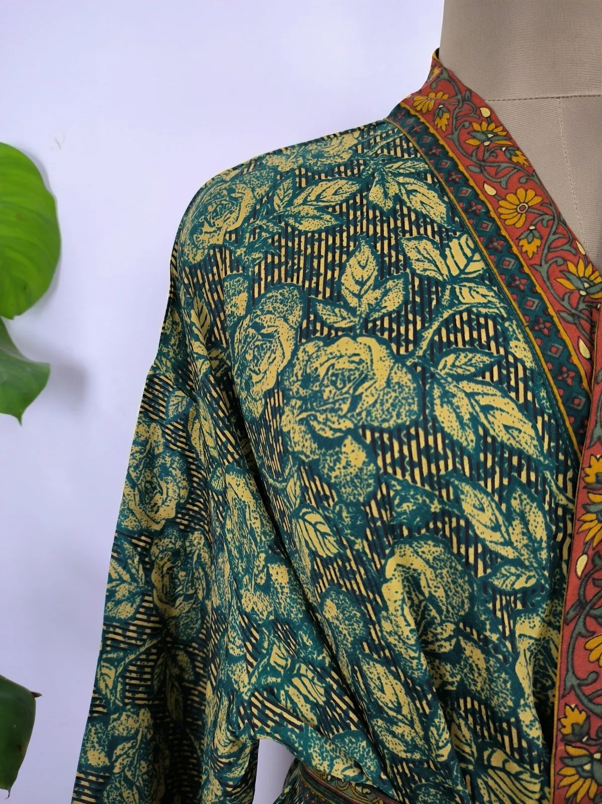 Upcycle Sustainable Boho Chic Coverup Recycle Silk Sari Kimono Gorgeous Wardrobe Vintage Elegance House Robe | Duster Cardigan | Forest Green Leaves