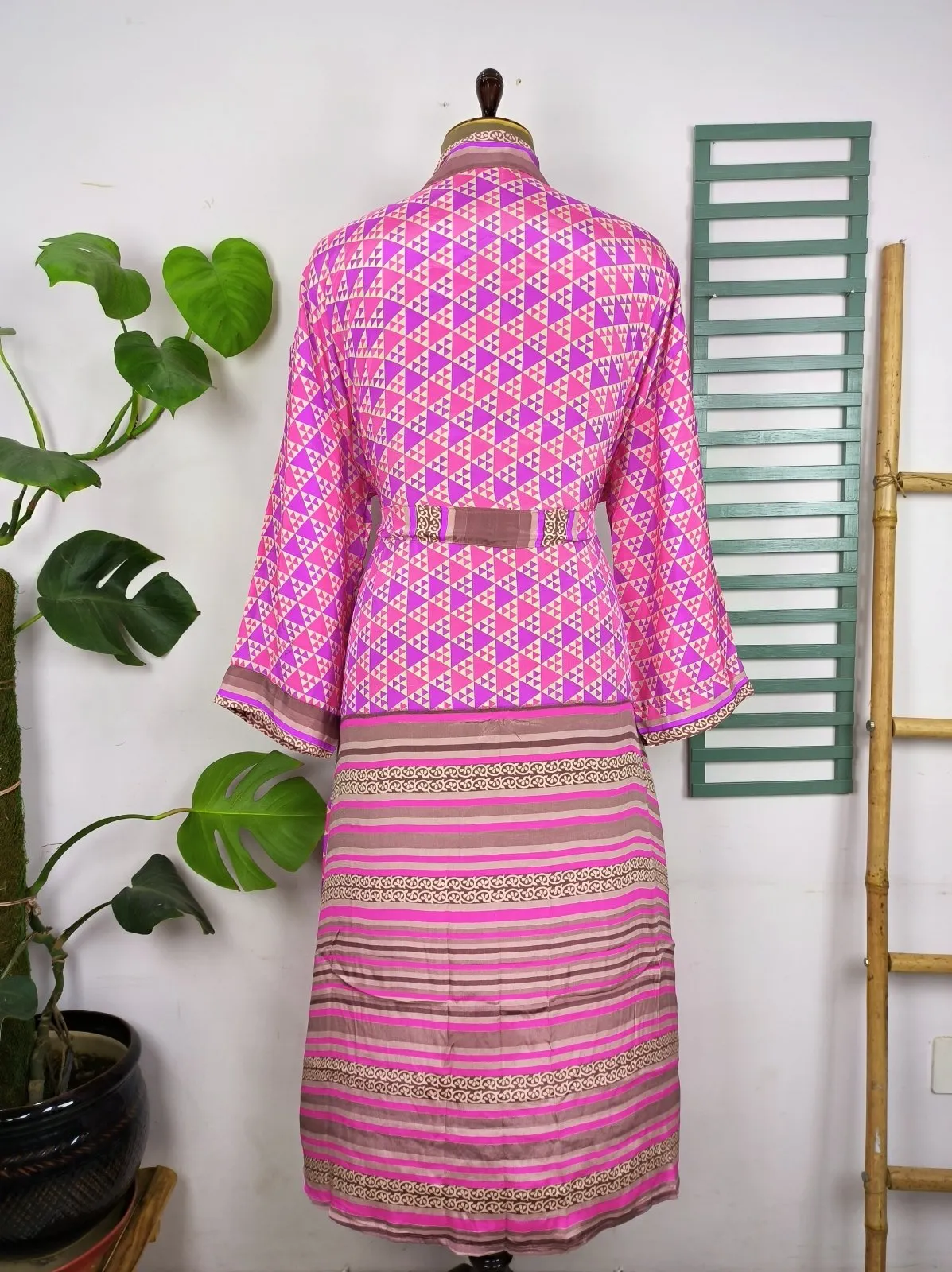 Upcycle Sustainable Boho Chic Coverup Recycle Silk Sari Kimono Gorgeous Wardrobe Vintage Elegance House Robe | Duster Cardigan | Pink Geometrical Print