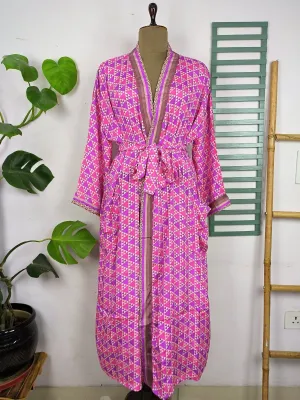 Upcycle Sustainable Boho Chic Coverup Recycle Silk Sari Kimono Gorgeous Wardrobe Vintage Elegance House Robe | Duster Cardigan | Pink Geometrical Print