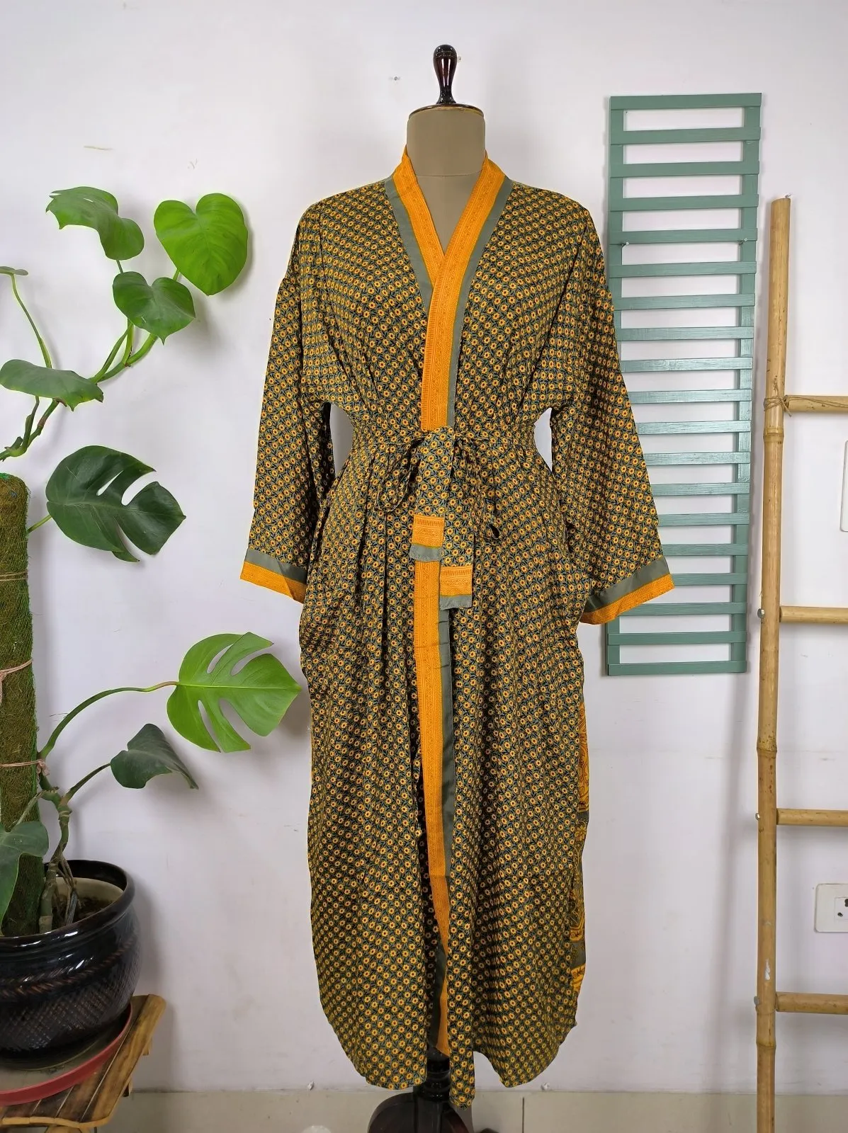 Upcycle Sustainable Boho Chic Coverup Recycle Silk Sari Kimono Gorgeous Wardrobe Vintage Elegance House Robe | Duster Cardigan | Yellow Blossoms