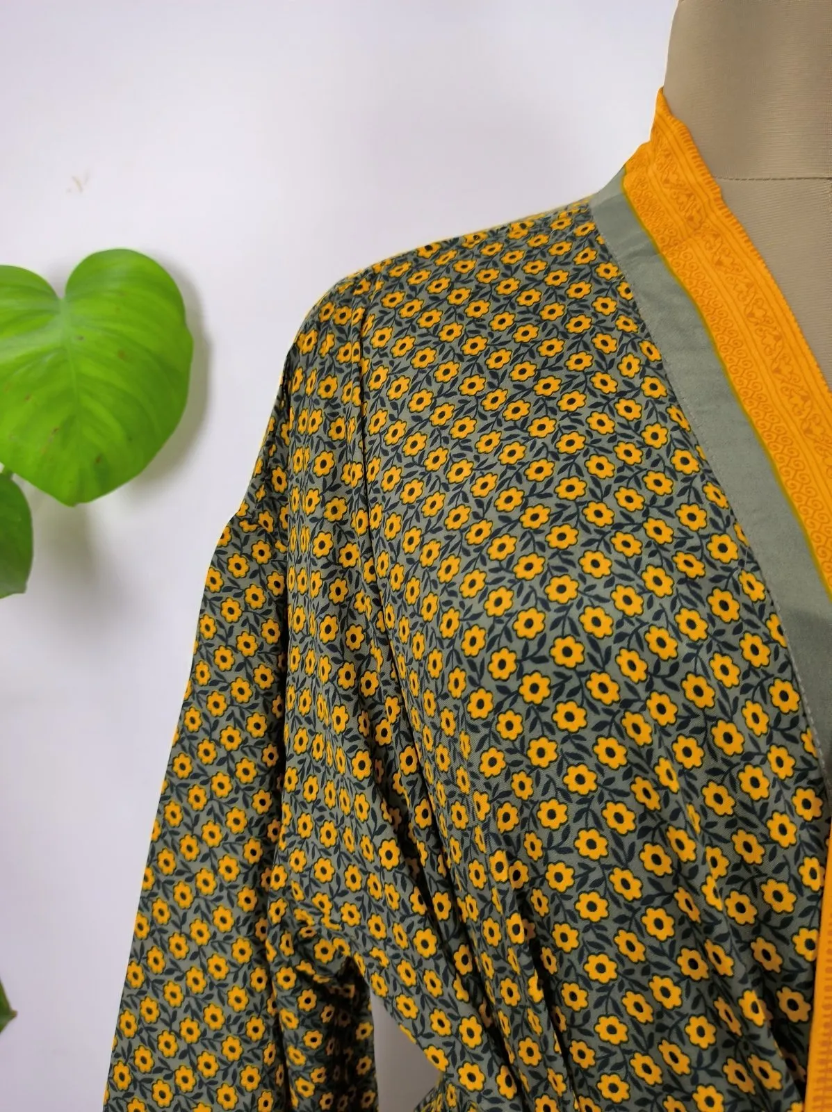 Upcycle Sustainable Boho Chic Coverup Recycle Silk Sari Kimono Gorgeous Wardrobe Vintage Elegance House Robe | Duster Cardigan | Yellow Blossoms