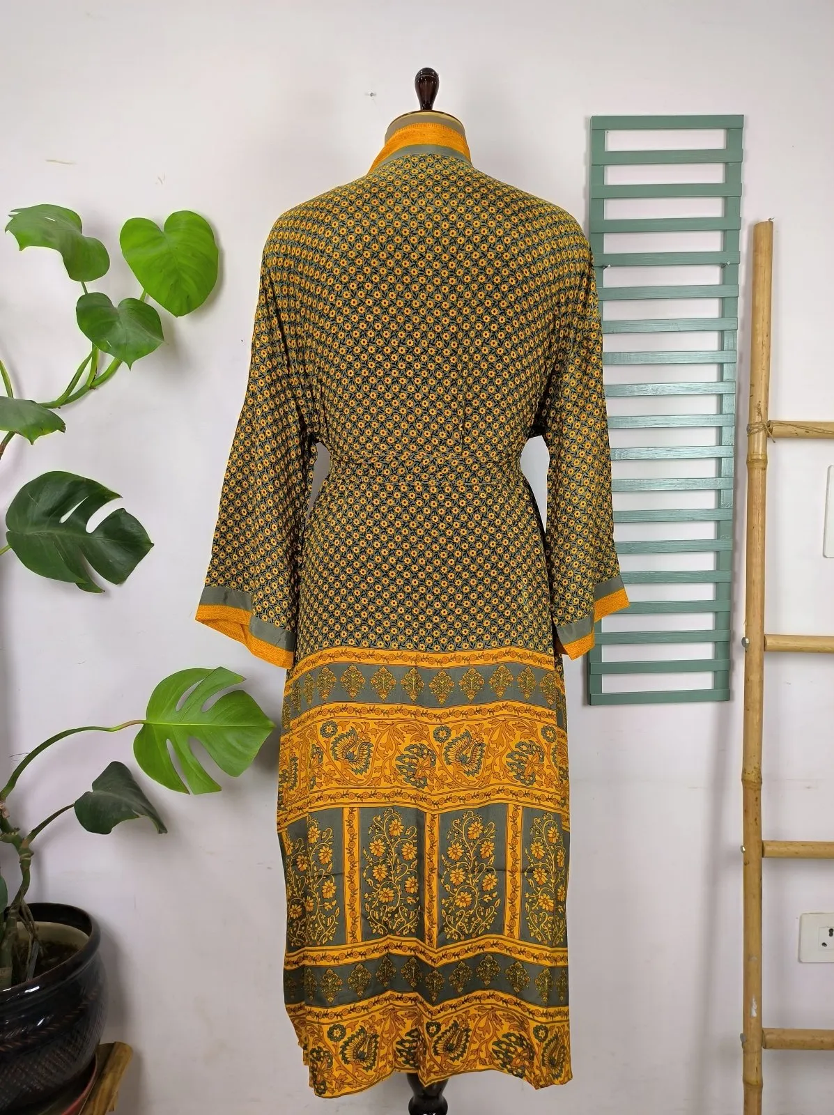 Upcycle Sustainable Boho Chic Coverup Recycle Silk Sari Kimono Gorgeous Wardrobe Vintage Elegance House Robe | Duster Cardigan | Yellow Blossoms