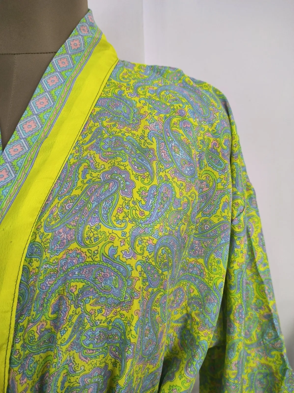 Upcycle Sustainable Boho Chic Coverup Silk Sari Kimono Gorgeous Wardrobe Vintage Elegance House Robe | Duster Cardigan | Yellow Lime Paisley