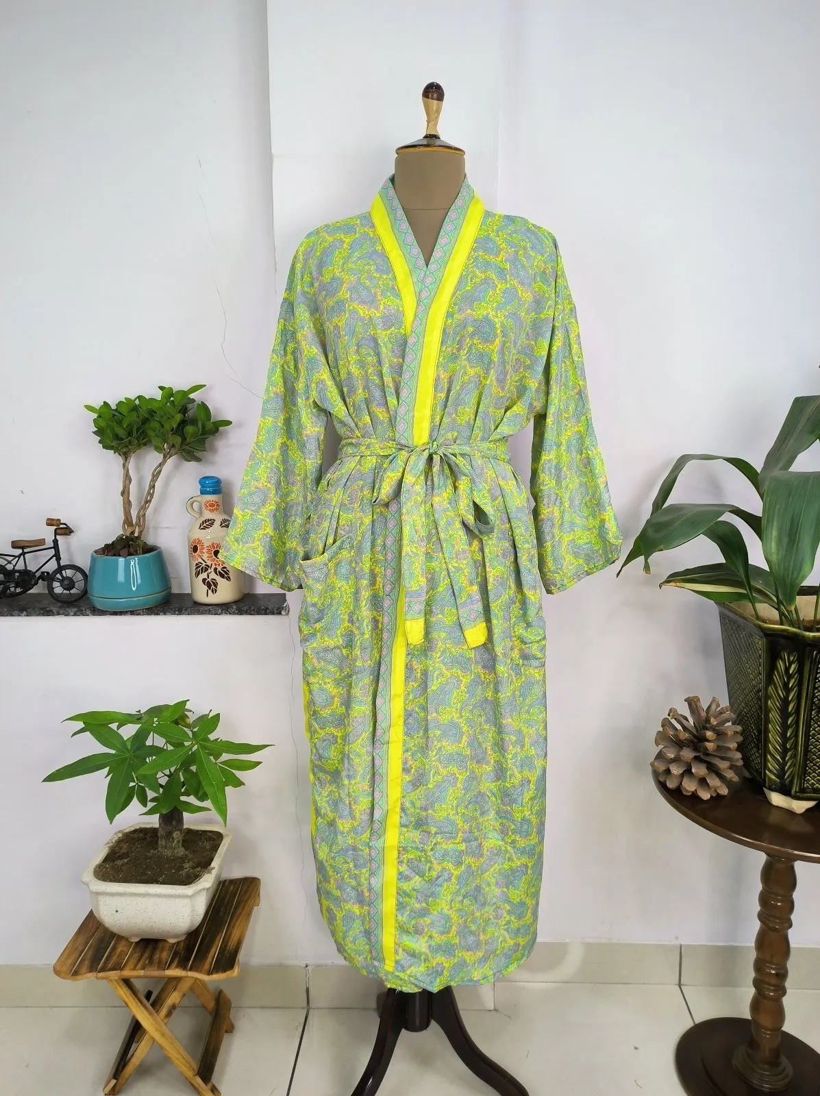 Upcycle Sustainable Boho Chic Coverup Silk Sari Kimono Gorgeous Wardrobe Vintage Elegance House Robe | Duster Cardigan | Yellow Lime Paisley