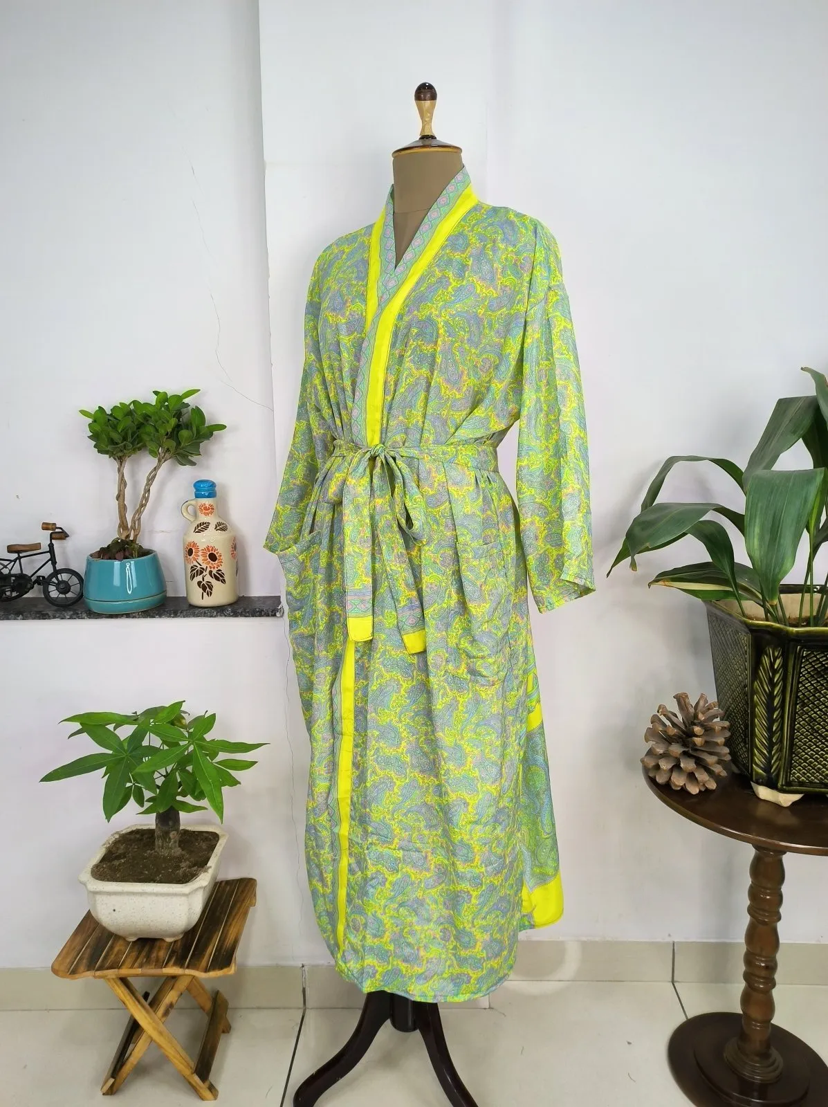 Upcycle Sustainable Boho Chic Coverup Silk Sari Kimono Gorgeous Wardrobe Vintage Elegance House Robe | Duster Cardigan | Yellow Lime Paisley