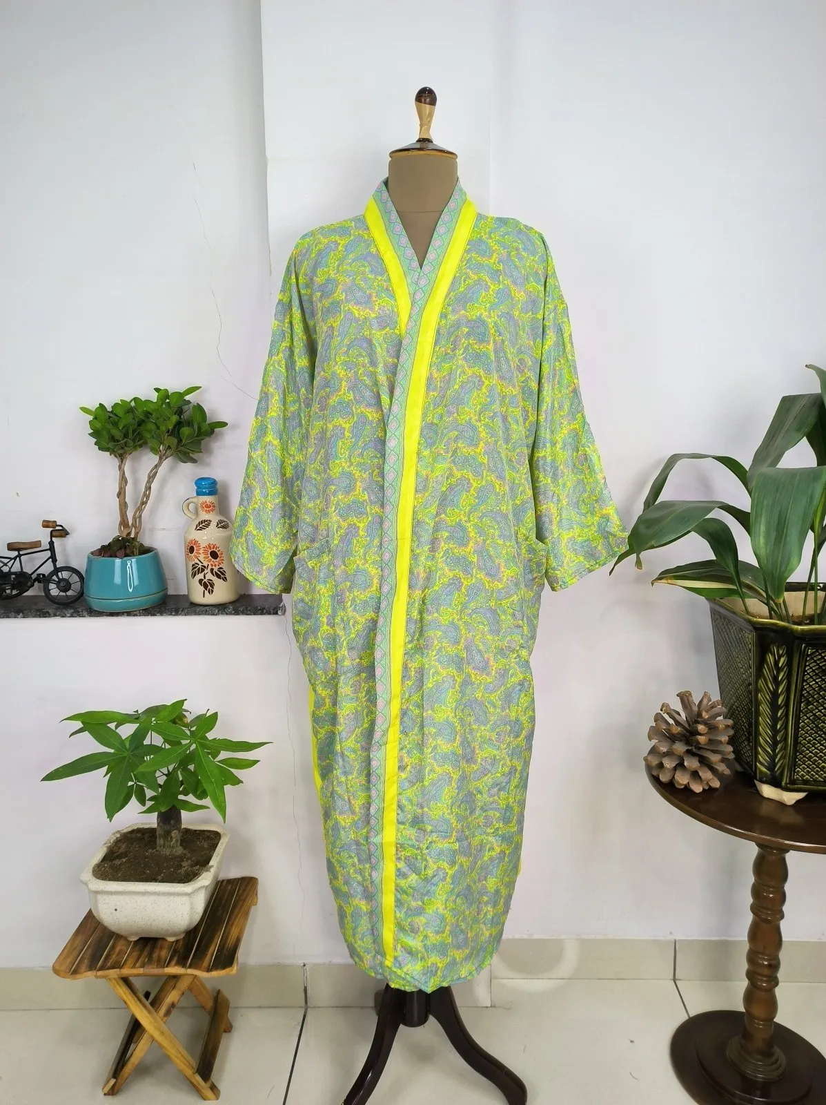 Upcycle Sustainable Boho Chic Coverup Silk Sari Kimono Gorgeous Wardrobe Vintage Elegance House Robe | Duster Cardigan | Yellow Lime Paisley