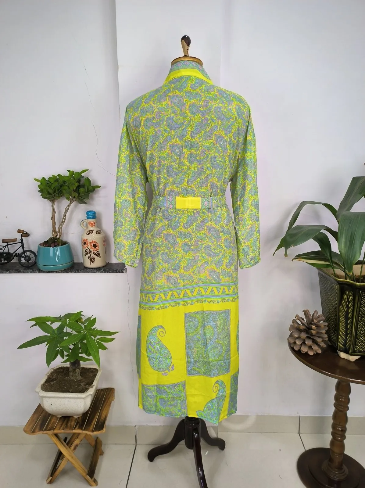 Upcycle Sustainable Boho Chic Coverup Silk Sari Kimono Gorgeous Wardrobe Vintage Elegance House Robe | Duster Cardigan | Yellow Lime Paisley