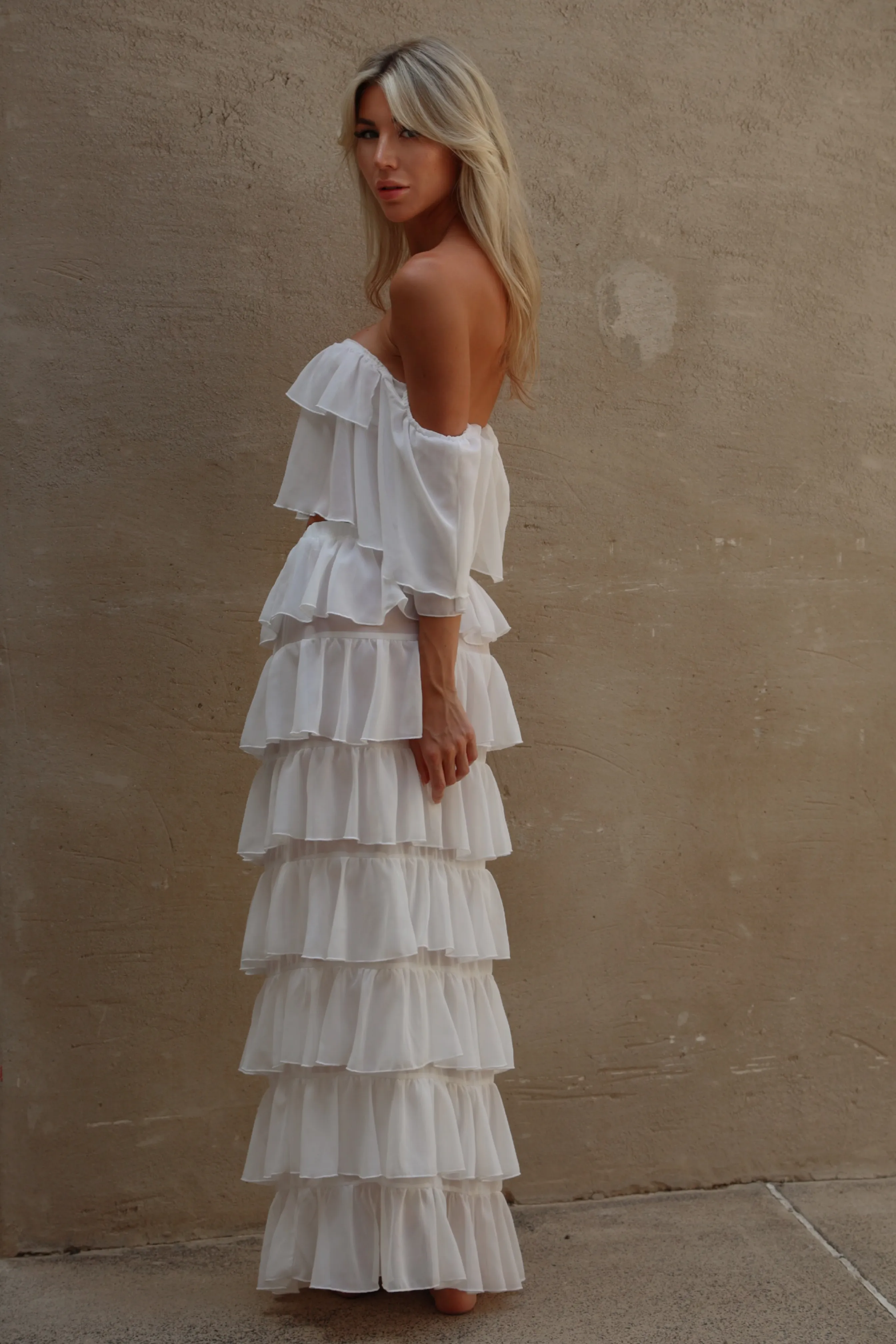 'White' Chiffon Ruffle Off-The-Shoulder Top & Skirt Set