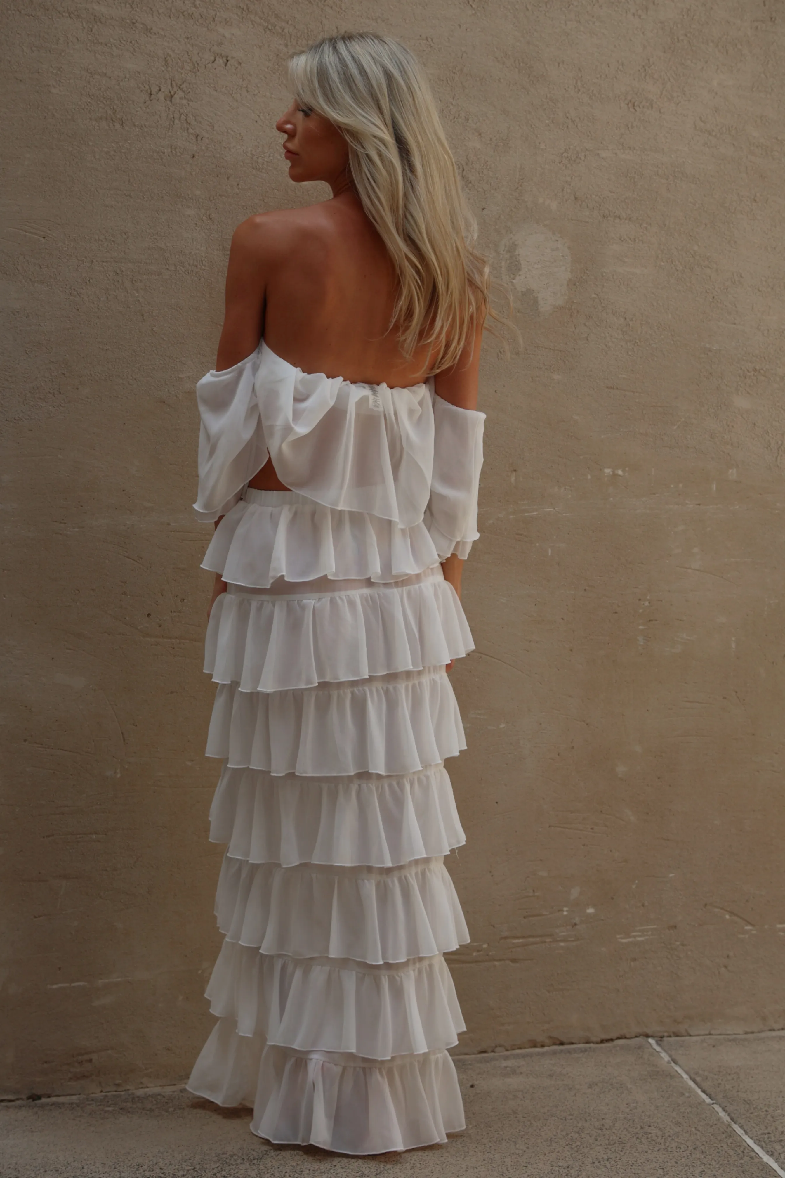 'White' Chiffon Ruffle Off-The-Shoulder Top & Skirt Set