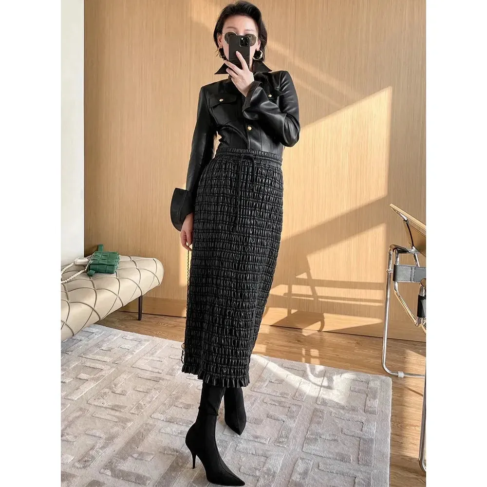 Women's Black Stretchy Faux Leather Midi Smocked Skirt