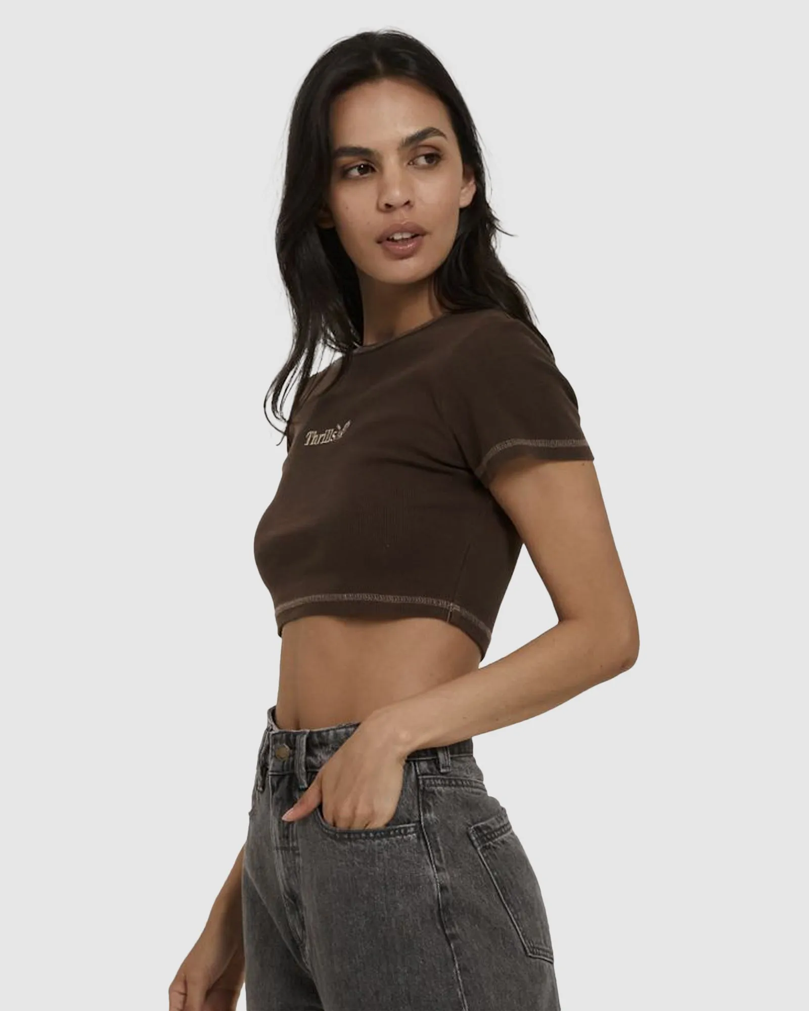 WOMENS THRILLS WORKWEAR EMBRO CROP T-SHIRT