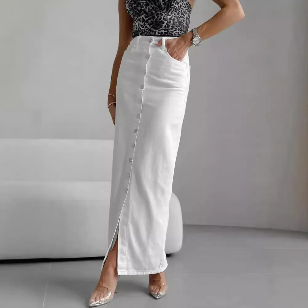 Women's White High-Waisted Fitted Button Skirt 100% Cotton