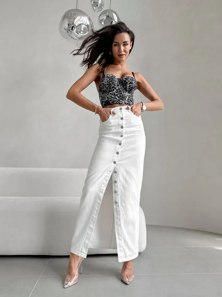 Women's White High-Waisted Fitted Button Skirt 100% Cotton